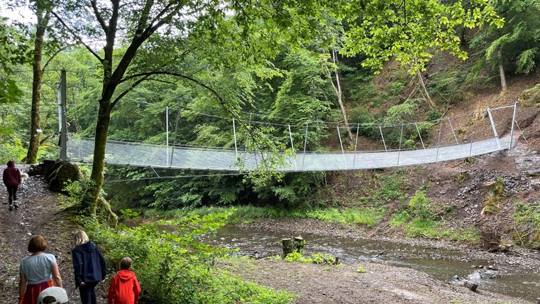 Eine Hängebrücke über einen kleinen Fluss in einem dichten Wald. Einige Wanderer gehen auf einem Pfad in der Nähe der Brücke.