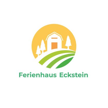 Ein stilisiertes Ferienhaus, umgeben von hügeligen Wiesen und Bäumen. Der Hintergrund zeigt eine sonnige, freundliche Atmosphäre.