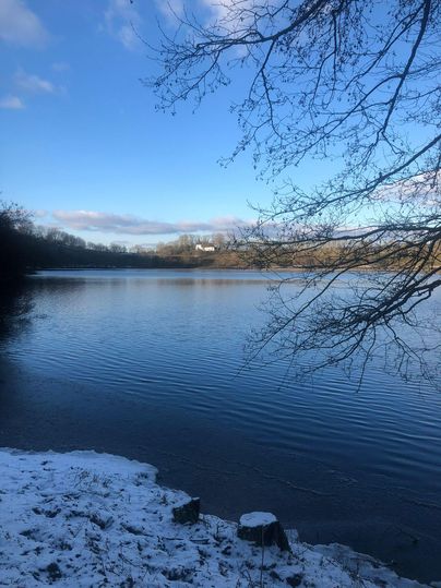 Ein ruhiger See im Winter mit einer schneebedeckten Uferlinie. Der Himmel ist klar und blau, mit einigen Wolken.